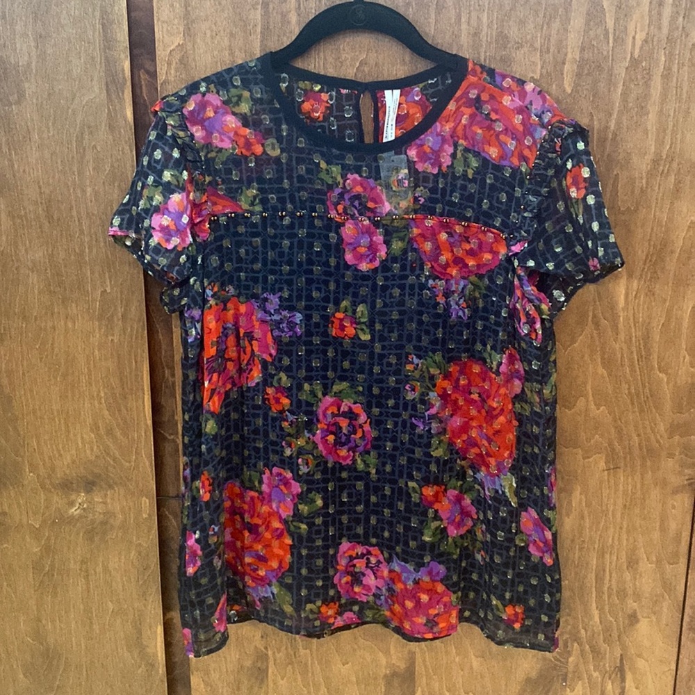 NWT Anthropologie black floral sheer beaded top